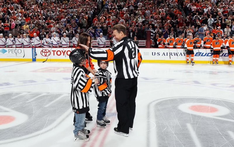 Little grandsons Brady & Harrison Dumas, Honorary Refs in my final NHL game April 11, 2010. Time flies, both young men are College students. Melt my heart…