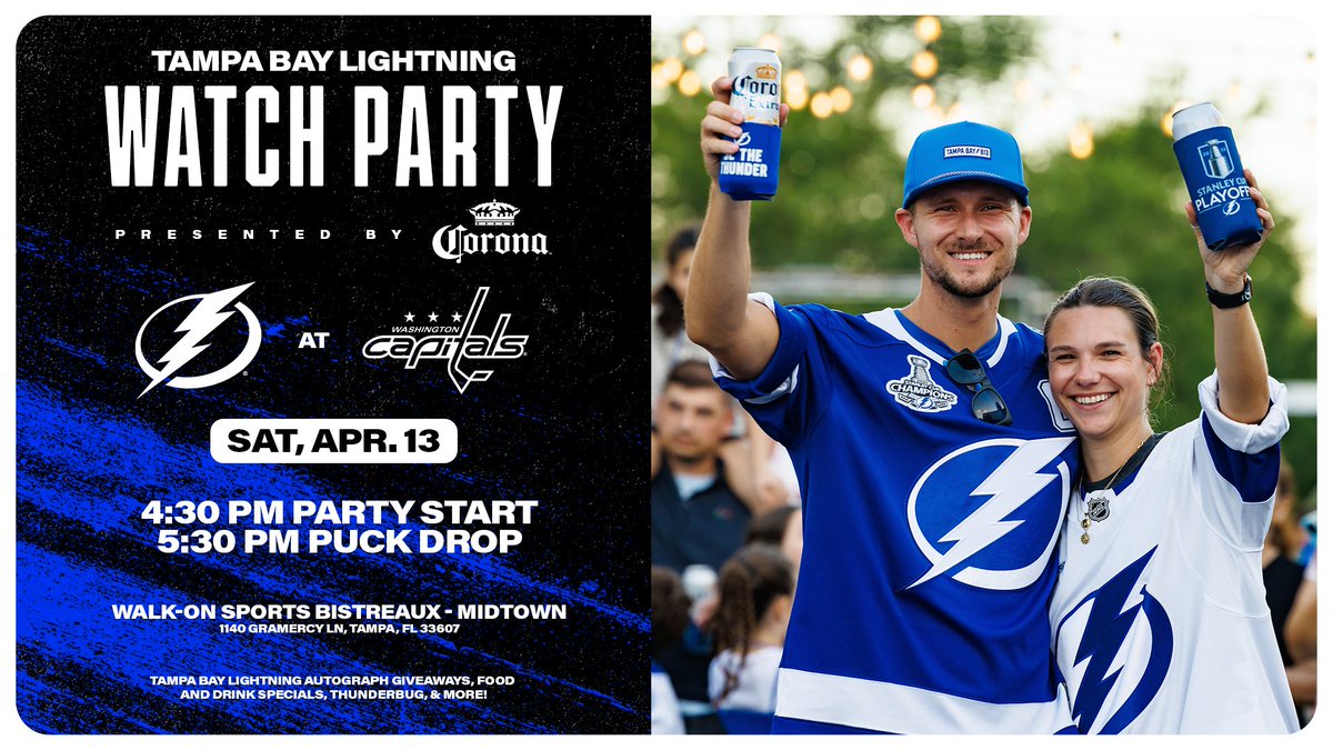 We're taking the party over to Walk-On's 🥳 Join us tomorrow as the Bolts take on the Capitals! Details & info ➡ tbl.co/watchparty