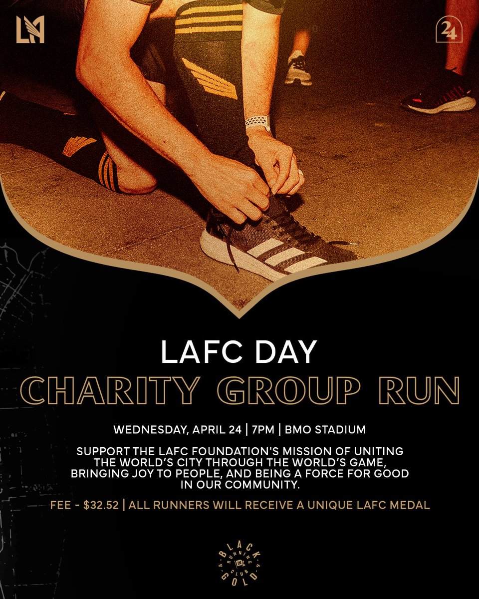 Run for LA Football Club 🏃 Join us and the @BlackandGoldRC for a run at @BMOStadium on April 24. 🔗 lafc.me/49unCn3 Proceeds will support the LAFC Foundation.