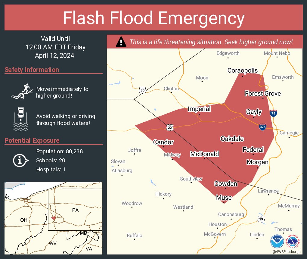 Flash Flood Emergency continues for Coraopolis PA, Imperial PA and  Muse PA until 12:00 AM EDT