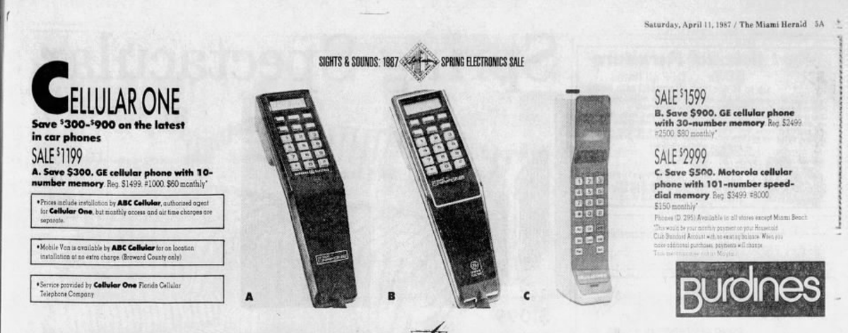 Burdines cellular phone ad that appeared in the Miami Herald on April 11, 1987.