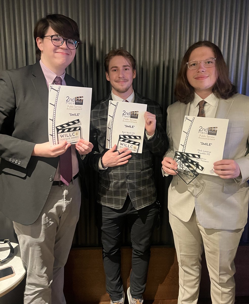Congratulations to Brayden Fox, Nick Lazarus and Rett Veech Veith for placing 2nd in the PSA category! #willcofilmawards