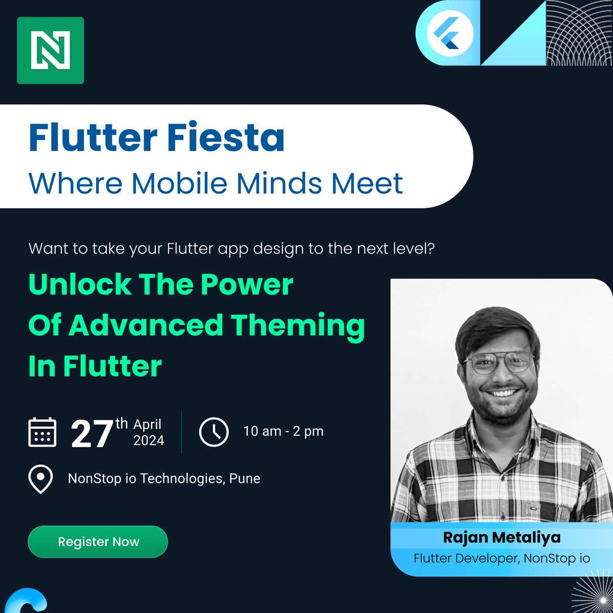 Ready to revolutionise your #Flutter apps?

Unlock the potential of Flutter #theming by joining us for an immersive session on Advanced Theming techniques.

Register Today: rb.gy/rzzu4b

#flutter #theming #FlutterApps #meetup #techtalks #nonstoplearning #nonstopio