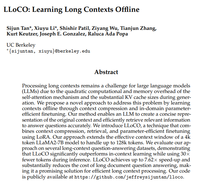 LLoCO: Learning Long Contexts Offline - Significantly outperforms ICL while using 30x fewer tokens during inference - Achieves up to 7.62x speed-up and substantially reduces the cost of long document QA arxiv.org/abs/2404.07979