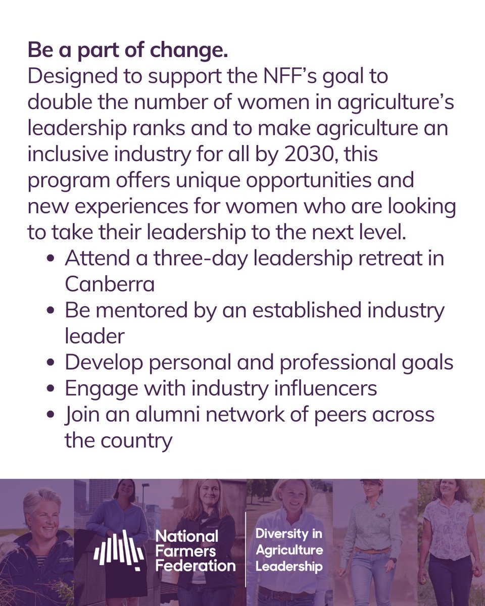 The Diversity in Agriculture Leadership Program supports women in agriculture to elevate their leadership through mentorship, networking, and industry partnerships. Join the transformative experience. APPLY NOW nff.org.au/2024-diversity… @NationalFarmers