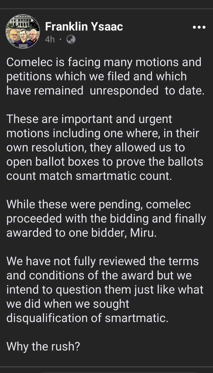 Election Fraud is so real. Di napaliwanag ng maayos ang side nila,walang  transmission logs. At para libangin tau,kunwari naghamon 2 open d ballot boxes of our choice daw & see that they match smartmatic. Pero nung gus2 ng bilangin ung npiling ballot boxes,totally dedma na. Wow‼️