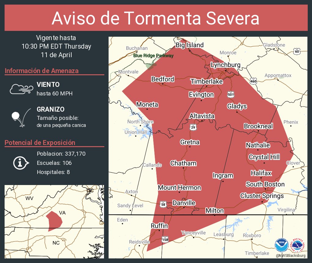 Aviso de Tormenta Severa incluye Lynchburg VA, Danville VA, Timberlake VA hasta las 10:30 PM EDT