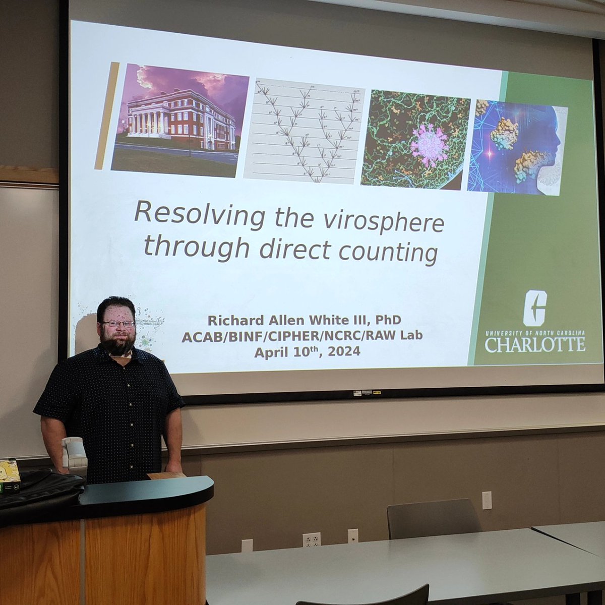 raw9371's tweet photo. My talk at Rochester Institute of Technology on counting the virosphere. #rit #teamraw #rawlab  #Rochester #uncc https://t.co/hdk4fPpRAF