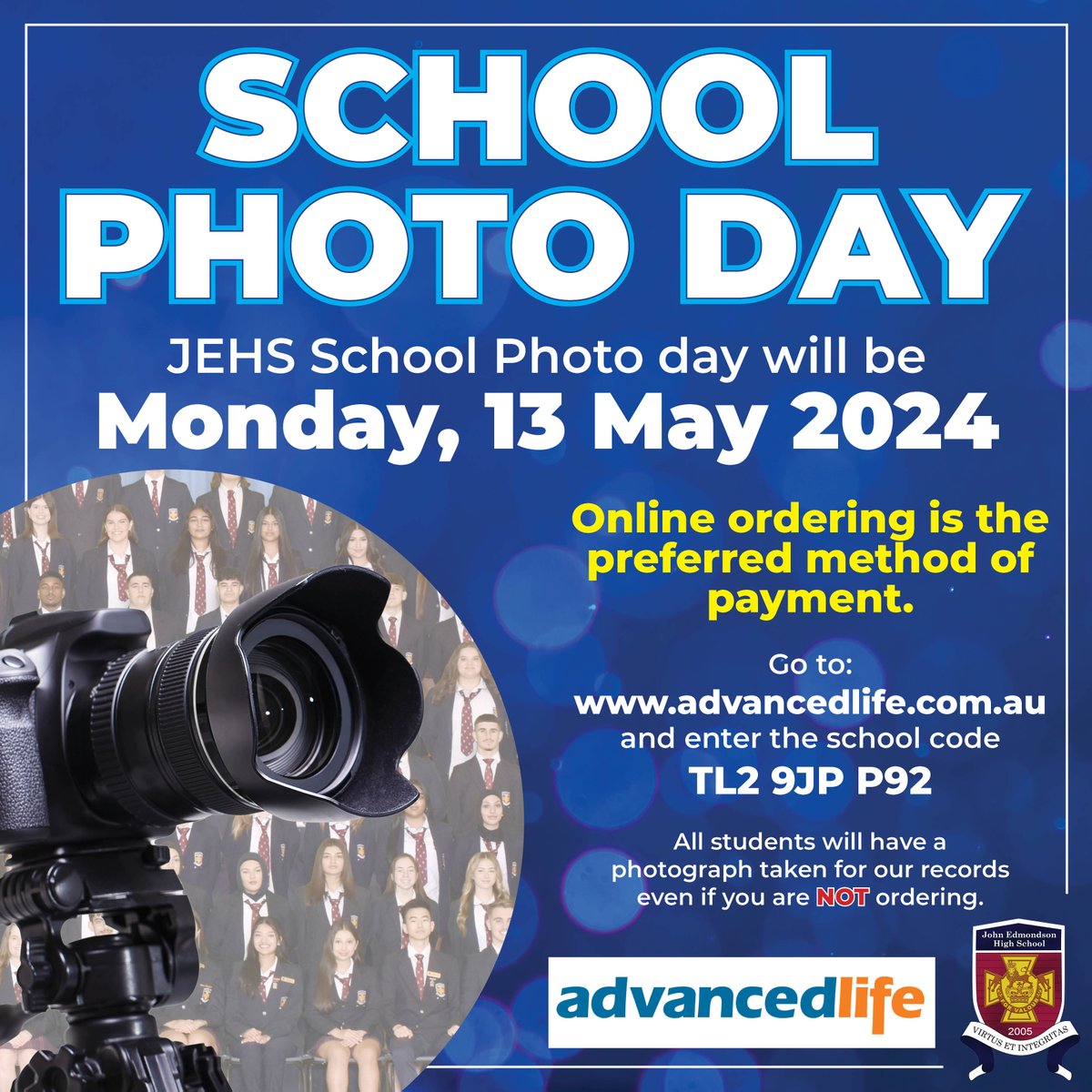 John Edmondson High School (@johnedmondsonhs) on Twitter photo ๐ฆ๐๐๐ข๐ข๐ ๐ฃ๐๐ข๐ง๐ข๐ฆ | ๐ ๐ผ๐ป๐ฑ๐ฎ๐, ๐ญ๐ฏ ๐ ๐ฎ๐ ๐ฎ๐ฌ๐ฎ๐ฏ
๐ด๐๐๐ ๐๐๐๐ ๐๐๐๐๐๐
๐๐๐! School Photo Day is just around the corner on Monday, May 13th!
๐ฃ๐๐ฌ ๐ก๐ข๐ช!!
Website: advancedlife.com.au
School Code: ๐ง๐๐ฎ ๐ต๐๐ฃ ๐ฃ๐ต๐ฎ
#JEHS #SchoolPhotoDay ๐ฆ๐๐๐ข๐ข๐ ๐ฃ๐๐ข๐ง๐ข๐ฆ | ๐ ๐ผ๐ป๐ฑ๐ฎ๐, ๐ญ๐ฏ ๐ ๐ฎ๐ ๐ฎ๐ฌ๐ฎ๐ฏ
๐ด๐๐๐ ๐๐๐๐ ๐๐๐๐๐๐
๐๐๐! School Photo Day is just around the corner on Monday, May 13th!
๐ฃ๐๐ฌ ๐ก๐ข๐ช!!
Website: advancedlife.com.au
School Code: ๐ง๐๐ฎ ๐ต๐๐ฃ ๐ฃ๐ต๐ฎ
#JEHS #SchoolPhotoDay