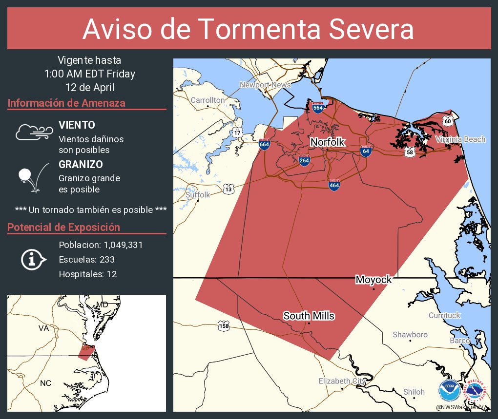 Aviso de Tormenta Severa incluye Norfolk VA, Chesapeake VA, Portsmouth VA hasta la 1:00 AM EDT