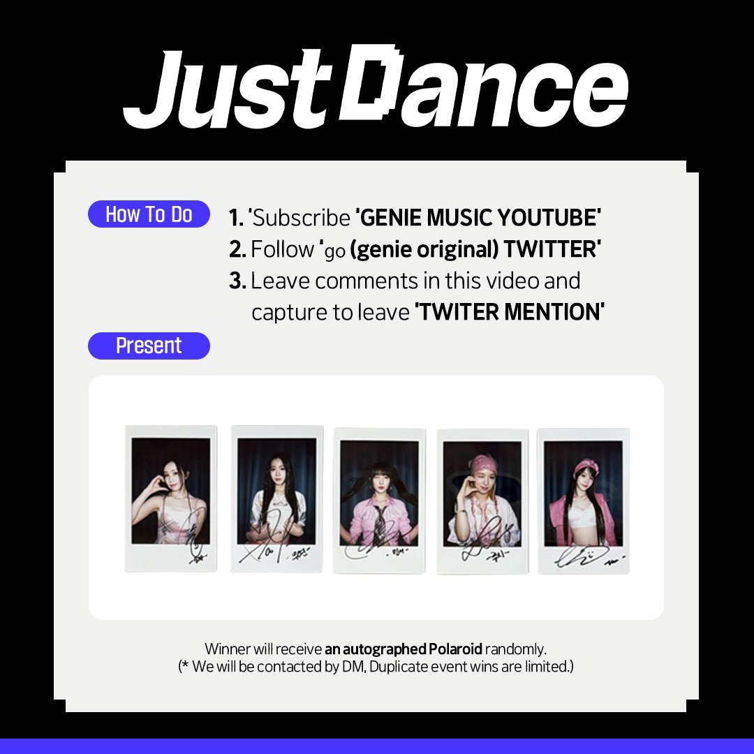 [💌 #EVENT] #Just_DANCE #우아 @wooah_ssqent #지니오리지널 트위터와 #지니뮤직 유튜브를 구독하고 유튜브 영상 내 댓글 인증샷을 답글로 달아주세요! 추첨을 통해 #WOOAH 싸인 폴라로이드를 드립니다📸 참여하기👉youtu.be/6JSb2MaK4Fk *당첨 발표는 당첨자에 한하여 DM으로 연락드립니다