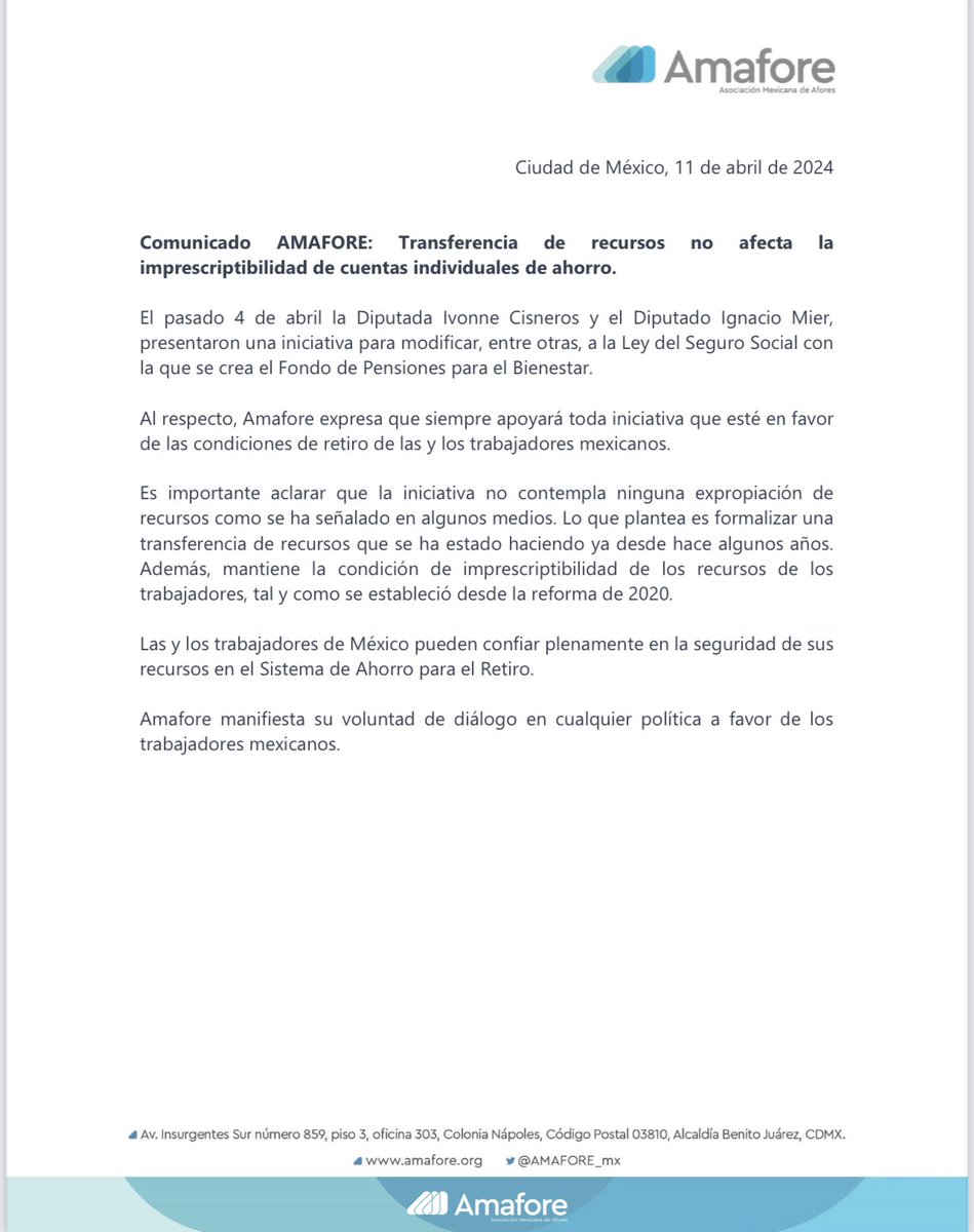 🔷 Comunicado @Amafore_mx Transferencia de recursos no afecta la imprescriptibilidad de cuentas individuales de ahorro