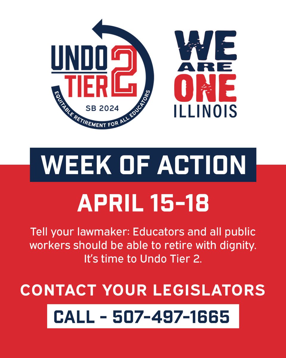 Next week, April 15-18, we’re joining forces with unions across Illinois in the We Are One Illinois Tier 2 week of action. Get ready to call your lawmakers and make some noise. It’s time to Undo Tier 2! undotier2.org