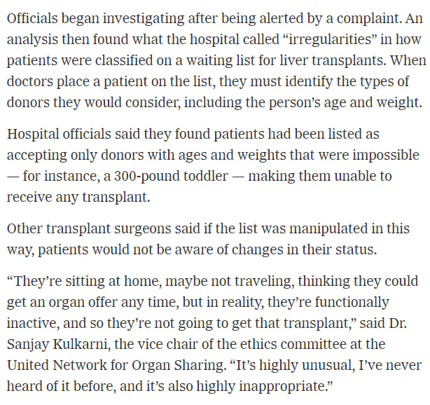 NEW: Texas surgeon accused of secretly manipulating government database to make patients unable to receive new livers. Some patients were found to have impossible criteria in their file, requiring donors to be toddlers weighing 300 pounds. Patients at Memorial Hermann in