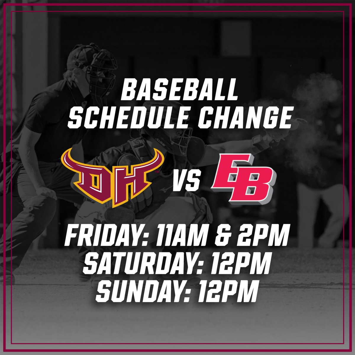 Due to inclement weather, @CSUDHbaseball series against Cal State East Bay has had a schedule change!