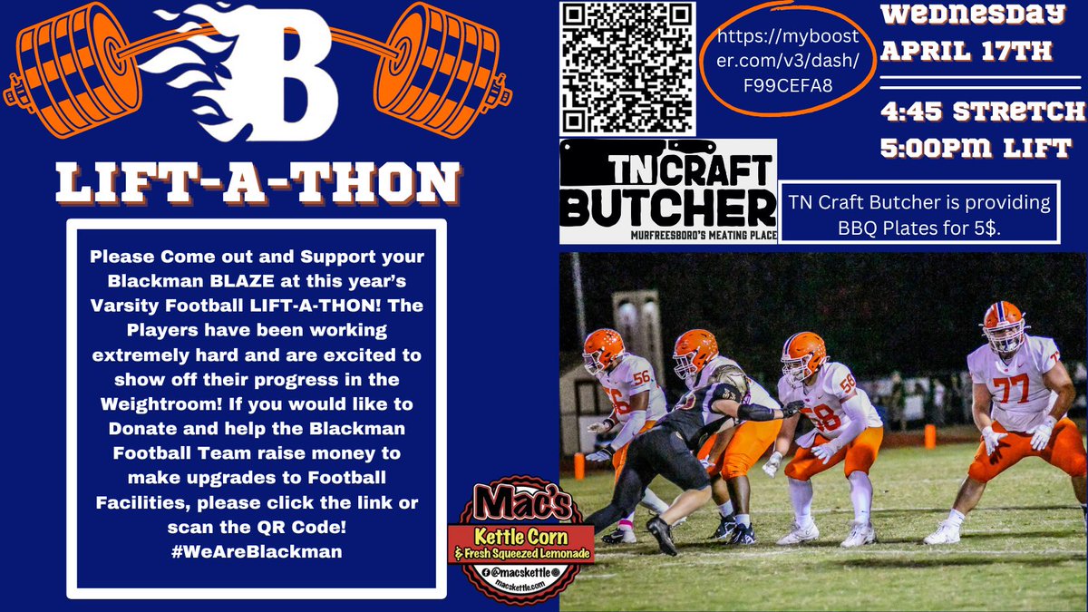 LIFT-A-THON is This Wednesday April 17th with stretching starting at 4:45 and lifting starting at 5:00pm. We will be on the track in the INFERNO *Weather Permitting*. 

Link for facility upgrade Donations! Check out what your donations will be used for!

mybooster.com/v3/dash/F99CEF…