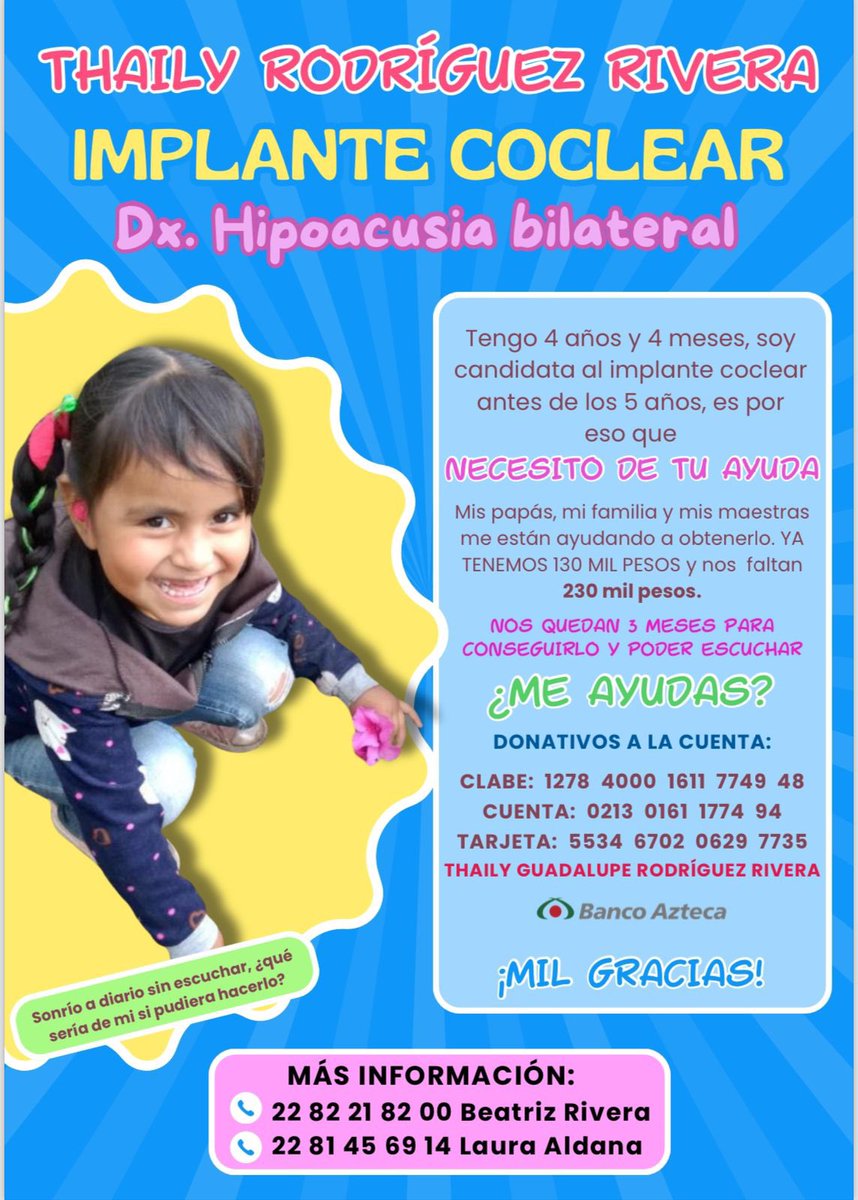 Por favor ayudemos a que Thaily tenga la oportunidad de escuchar! Gente querida en Xalapa ha recaudado mucho, pero todavía falta para poder pagar la intervención. Todo suma ♥️ Mil gracias ☺️