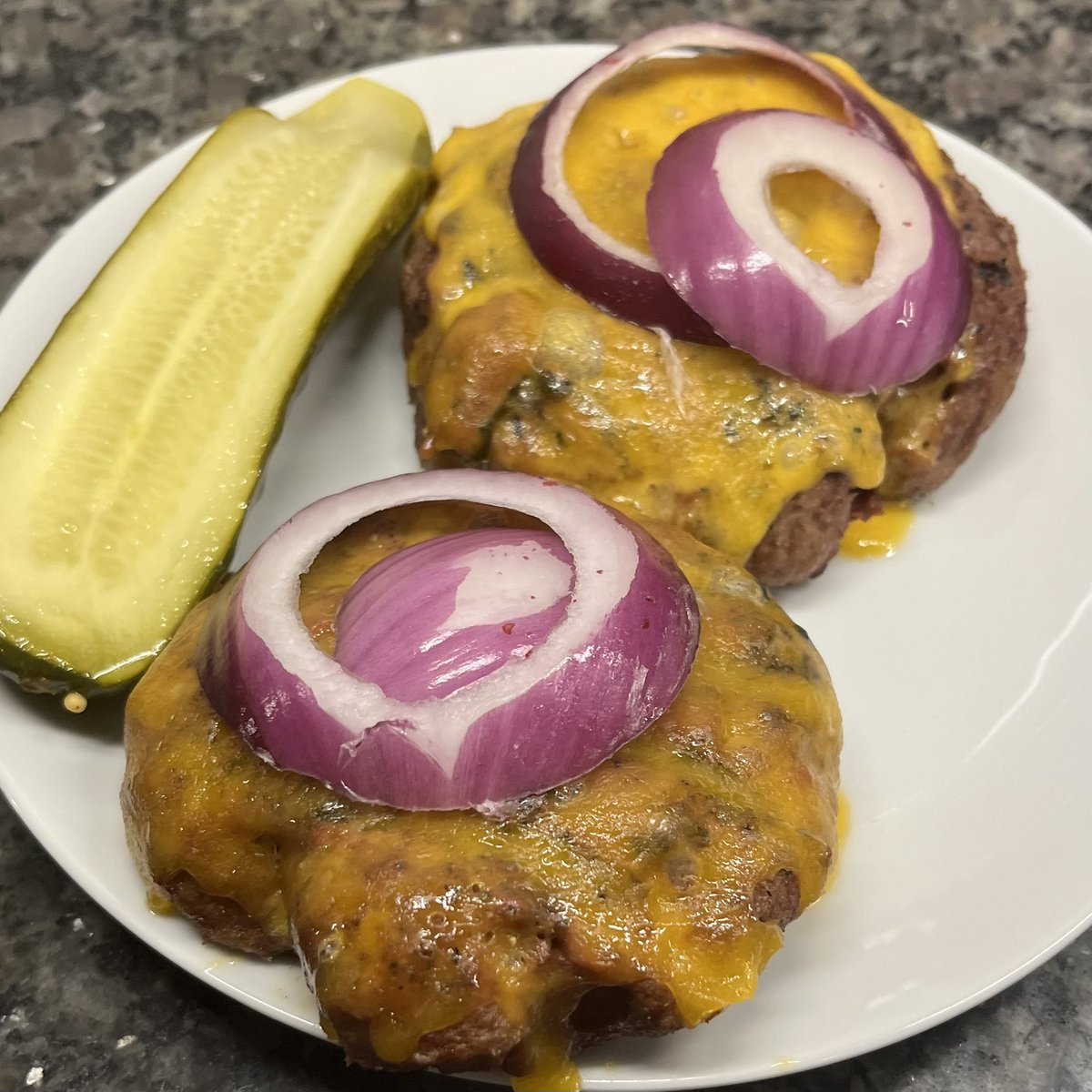 Two 3/4 pound turkey burgers with onions & cheddar, with a pickle on the side. Good satiety.