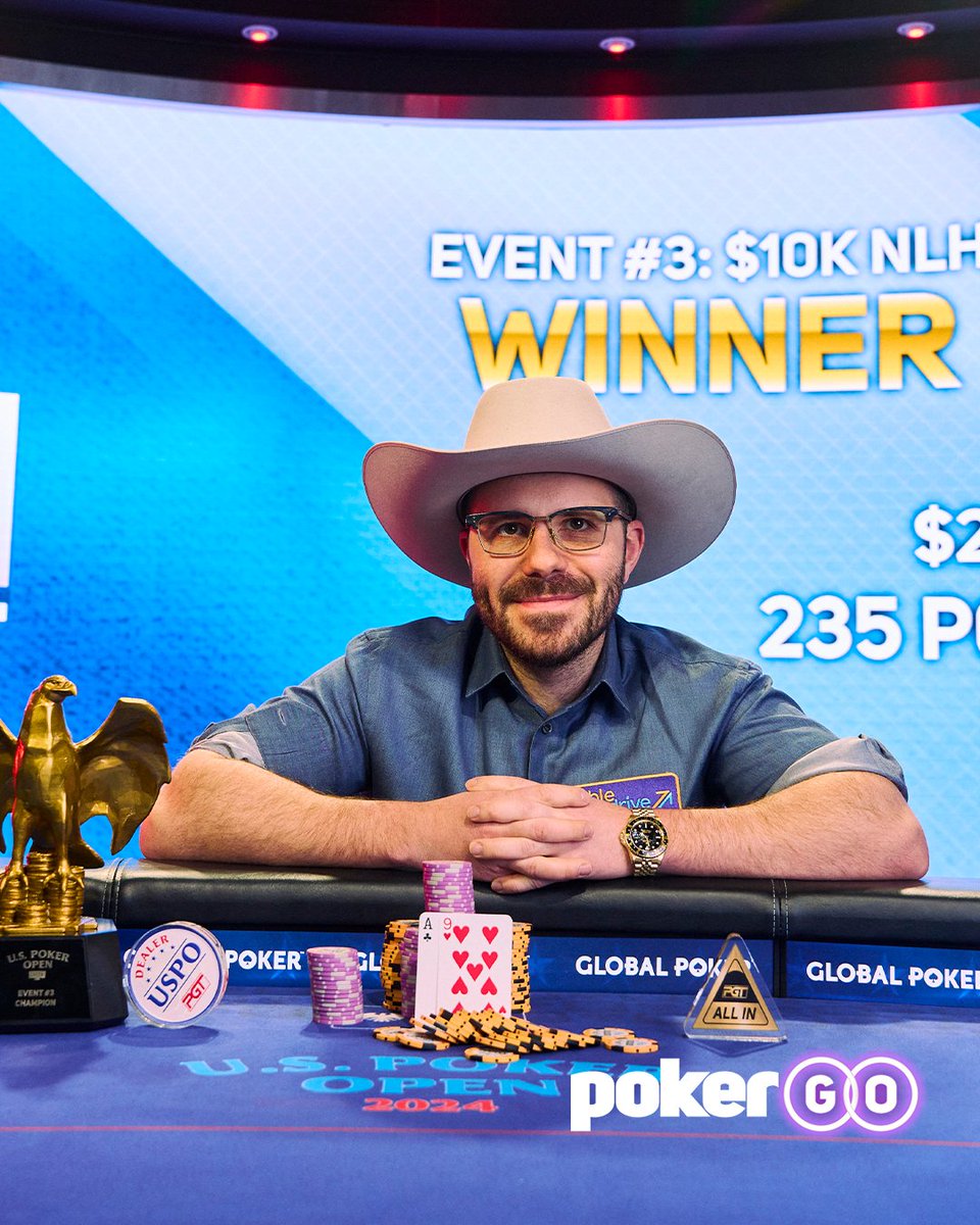 Dan Smith with his Golden Eagle trophy and taking home $235,200 for his first-place prize after defeating Rodger Johnson in Event #3: $10,100 No-Limit Hold'em. Recap: bit.ly/3xA6qPZ