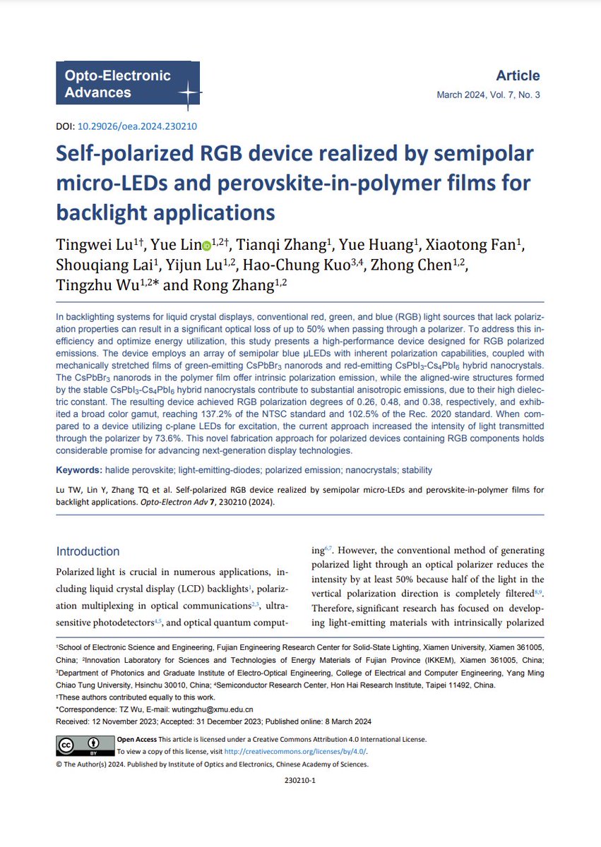 #OEA_highlight Self-polarized RGB device realized by semipolar micro-LEDs and perovskite-in-polymer films for backlight applications doi.org/10.29026/oea.2… by Prof. #TingzhuWu from @xmuchina #halide #perovskite #LED #nanocrystals #microLED