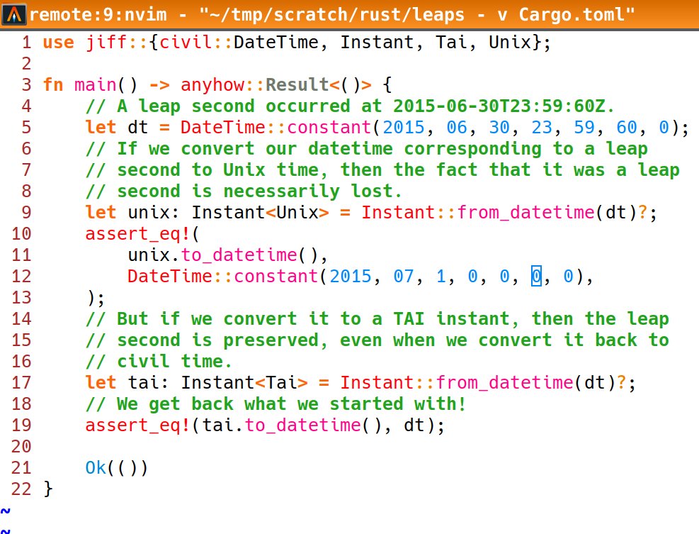 I've got leap second support working in Jiff. Both for roundtripping through datetimes and for computing correct intervals. Does anyone know of other datetime libraries that would pass the same asserts? N.B. `Instant` is a 96-bit timestamp. TAI is 'International Atomic Time.'