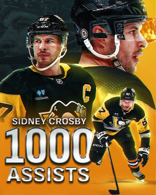 Cutouts of Sidney Crosby in a Penguins uniform. In white text in the bottom left reads, "Sidney Crosby 1,000 assists".

The background is black and gold with a faded photo of Crosby in the top left.