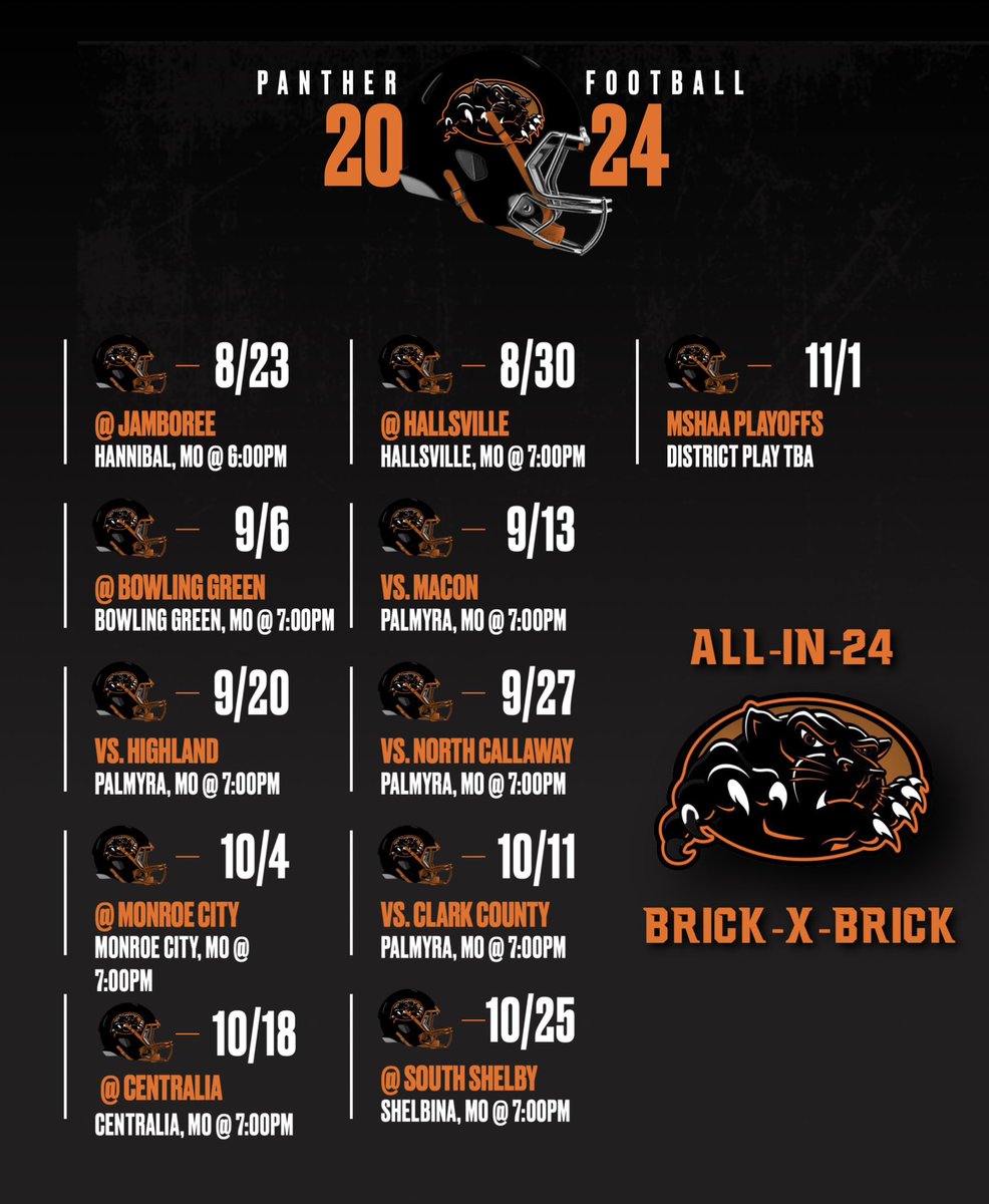 Here is the 2024 Panther Football Season Schedule. ⬇️ Set your calendars now, we are excited to get this season underway. ⏳ #All-IN-24 #BRICK-X-BRICK