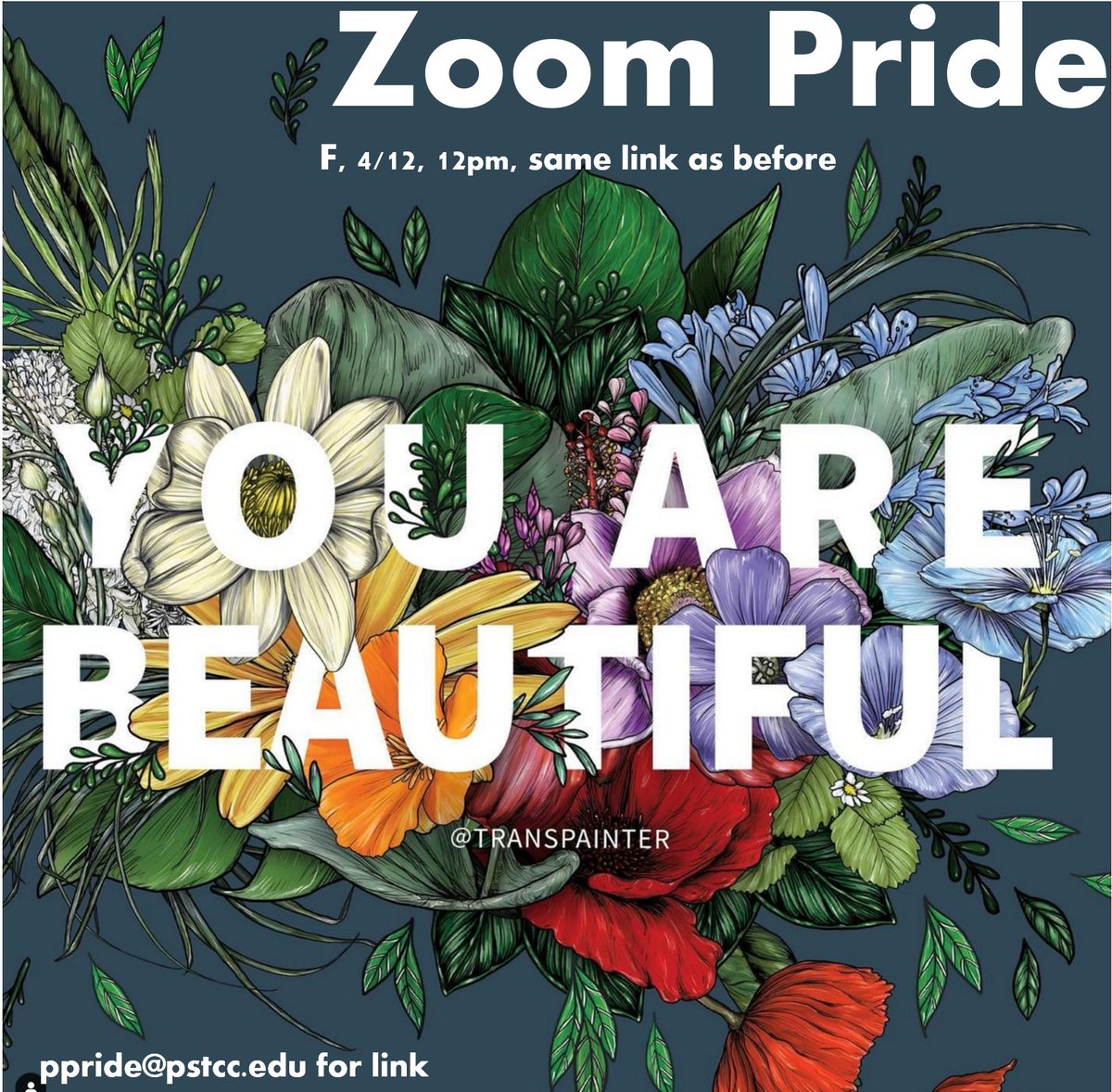 PsccPride's tweet photo. 💜zoom pride!💜friday, 4/12💜12pm💜zoom link is💜same as it ever was💜email ppride at pstcc dot edu 💜for the link💜@transpainter https://t.co/dE7oArwZt5