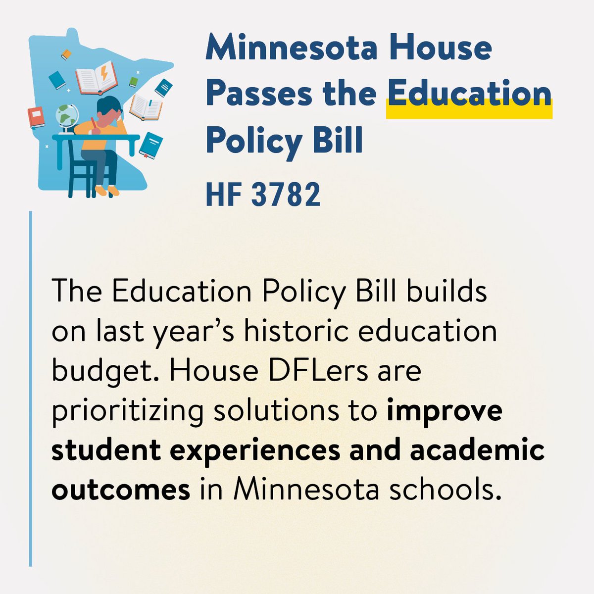 The House Education Policy bill builds on the investments Democrats delivered last year, giving schools flexibility, expanding student mental health access, eliminating unnecessary paperwork, and more so students can have the world-class education they deserve. 🏫 📖 ✏️ #mnleg