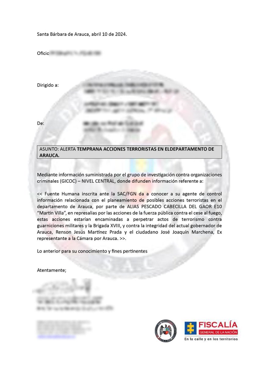 #Urgente 🚨| Comunicado oficial sobre Alerta Temprana emitida por la Fiscalía General de la Nación Colombia