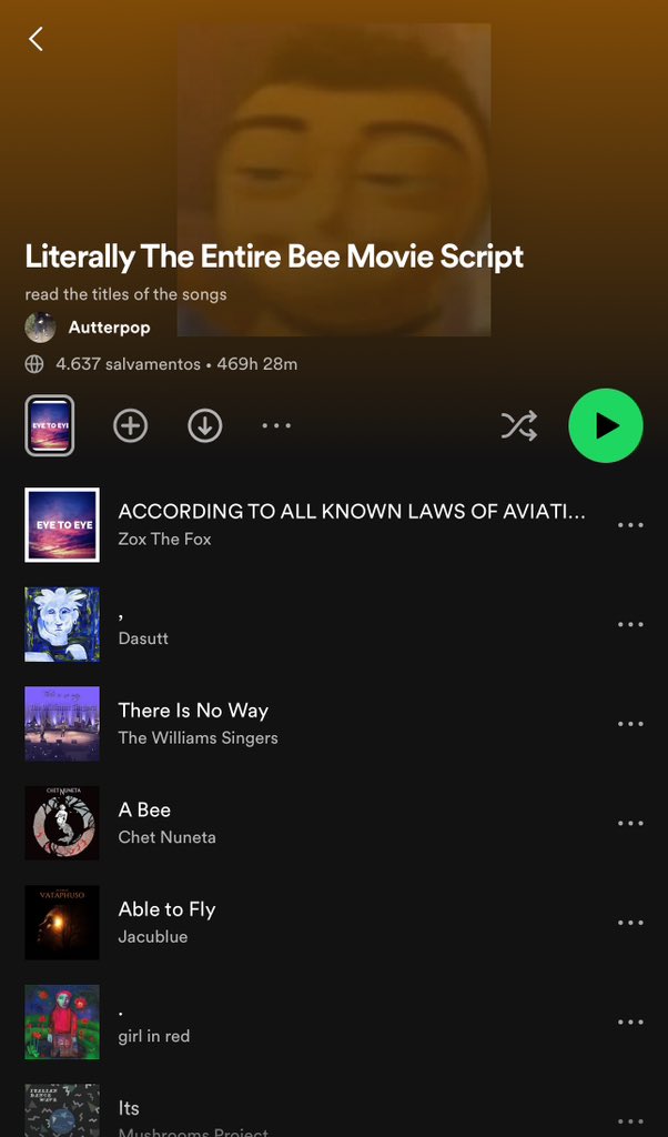 Alguém fez uma playlist com o script completo de Bee Movie no Spotify usando os nomes das músicas e eu tô fascinado kkk open.spotify.com/playlist/6O8wF…