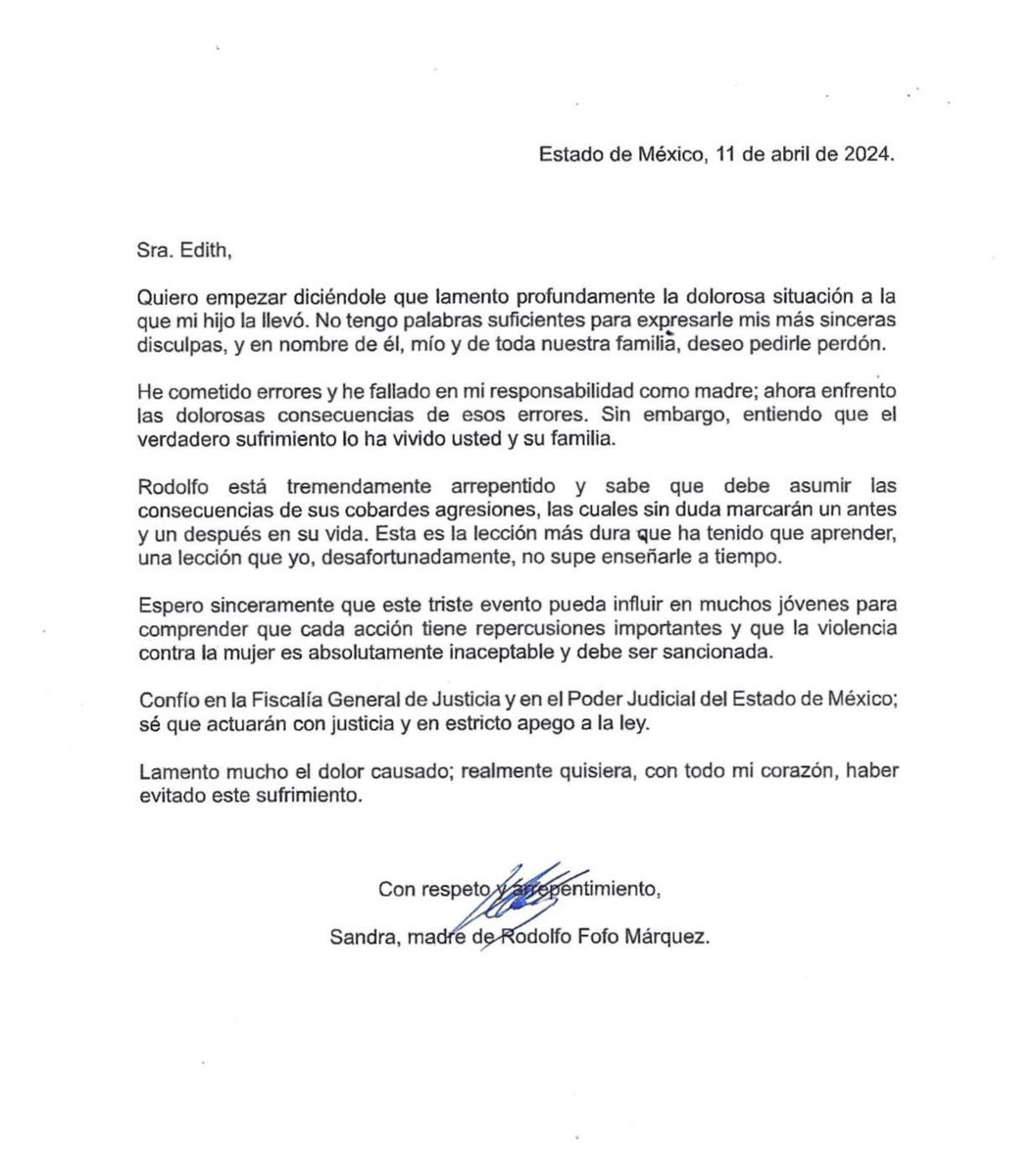 La madre de “Fofo” Márquez le envía una carta a Edith, la mujer que golpeó su hijo y por la cual podría pasar más de 40 años en la cárcel “Está tremendamente arrepentido y sabe que debe asumir las consecuencias de sus cobardes agresiones”