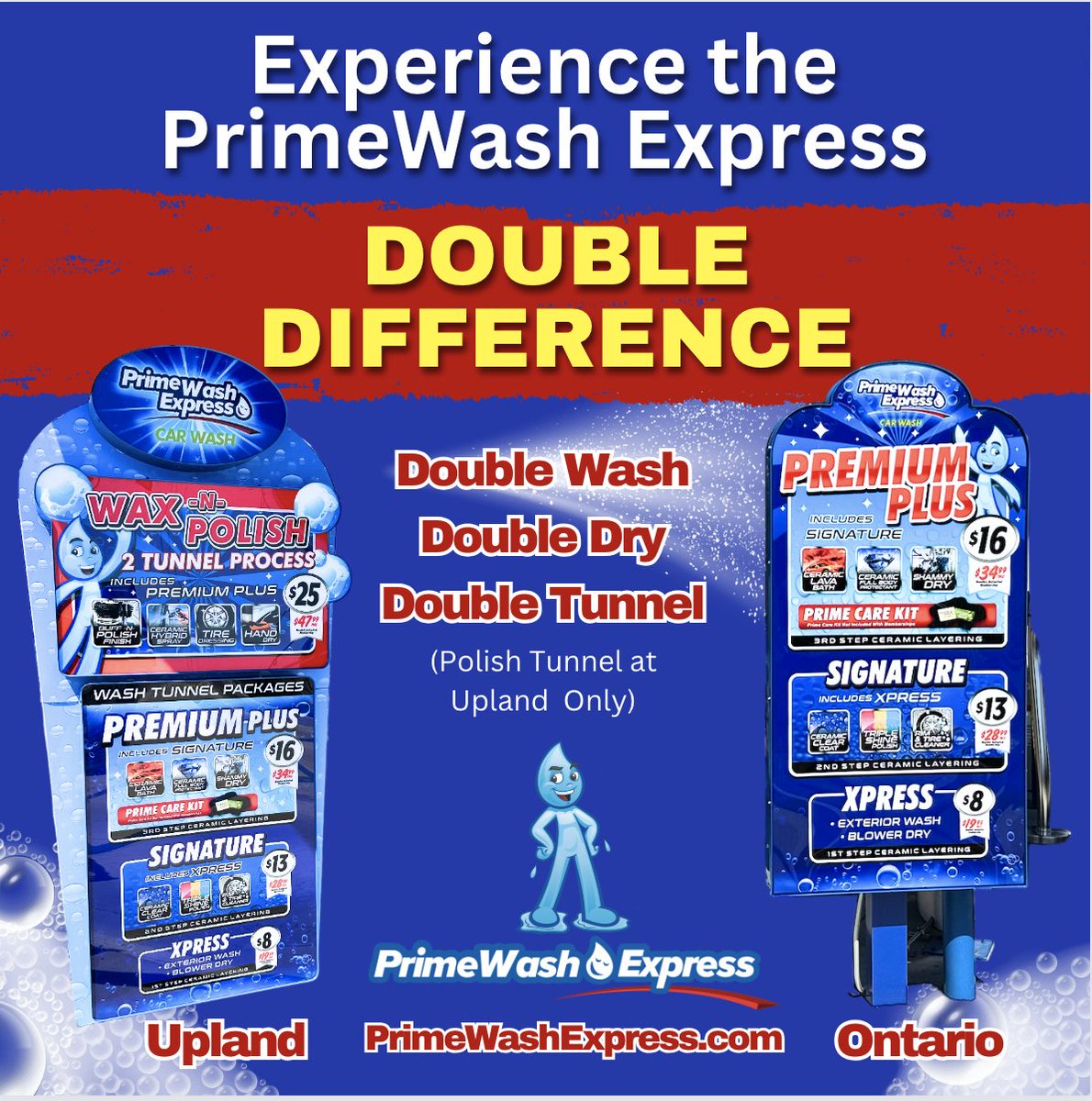 Experience the PrimeWash Express Double Difference and experience one of the BEST car wash 💦 services around - in both your vehicle 🚗 and your wallet💳! At PrimeWash Express, you'll experience a double wash, double dry, and get the double tunnel experience 😀