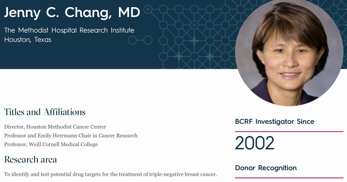 Day 166/262 of my 'tour' of @BCRFcure funded researchers brings me to Dr. Jenny Chang (@MDAndersonNews) working 'to identify and test potential drug targets for the treatment of triple-negative #breastcancer.' bcrf.org/researchers/je…