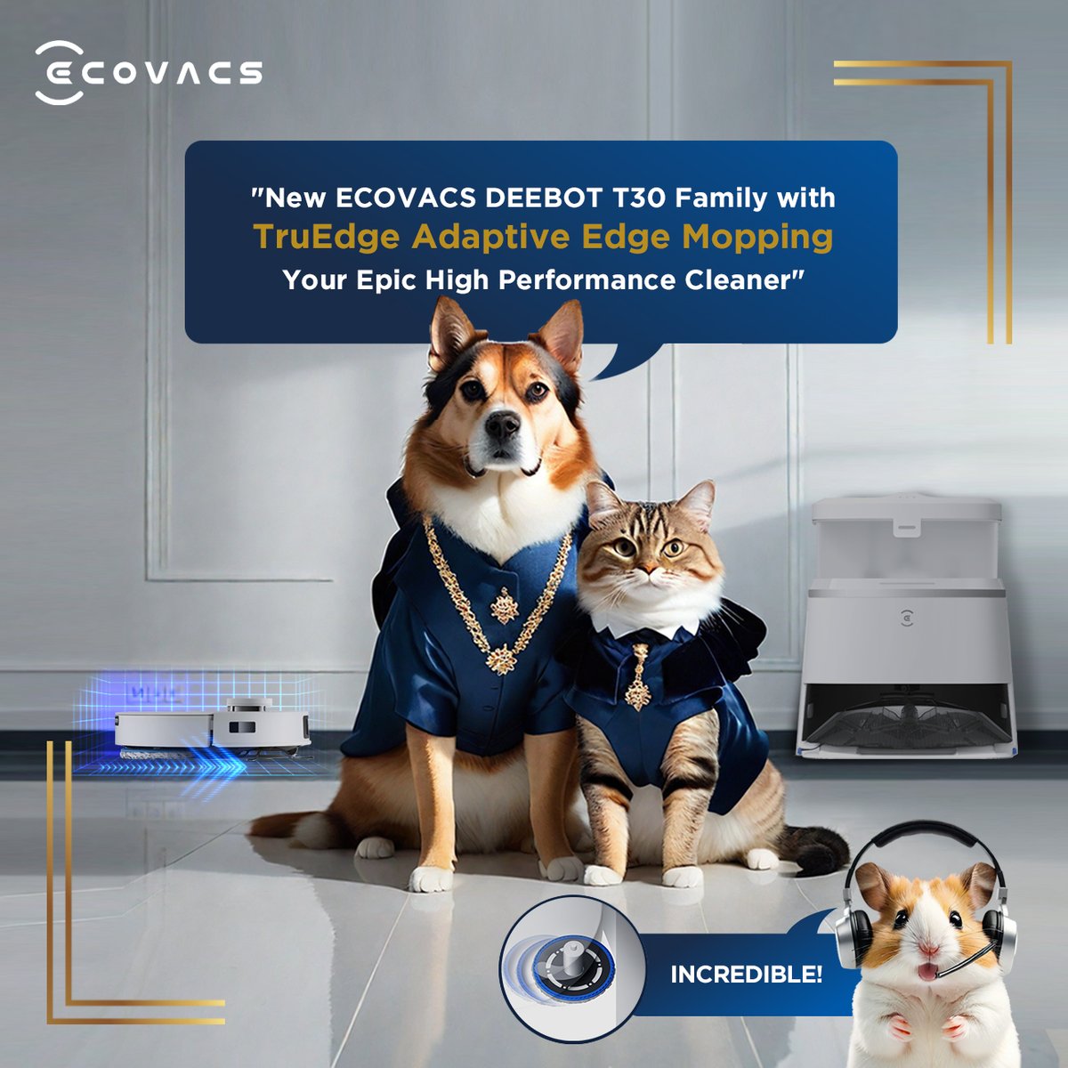 ecovacsrobotics's tweet photo. Keep pet areas clean! DEEBOT T30's TruEdge mops edges and corners smartly, avoiding toys and bowls. 🐾✨
#DEEBOTT30 #TruEdge #ZeroTangle #PetsofECOVACS #PawsomeDEEBOT https://t.co/f5U3qC39iO