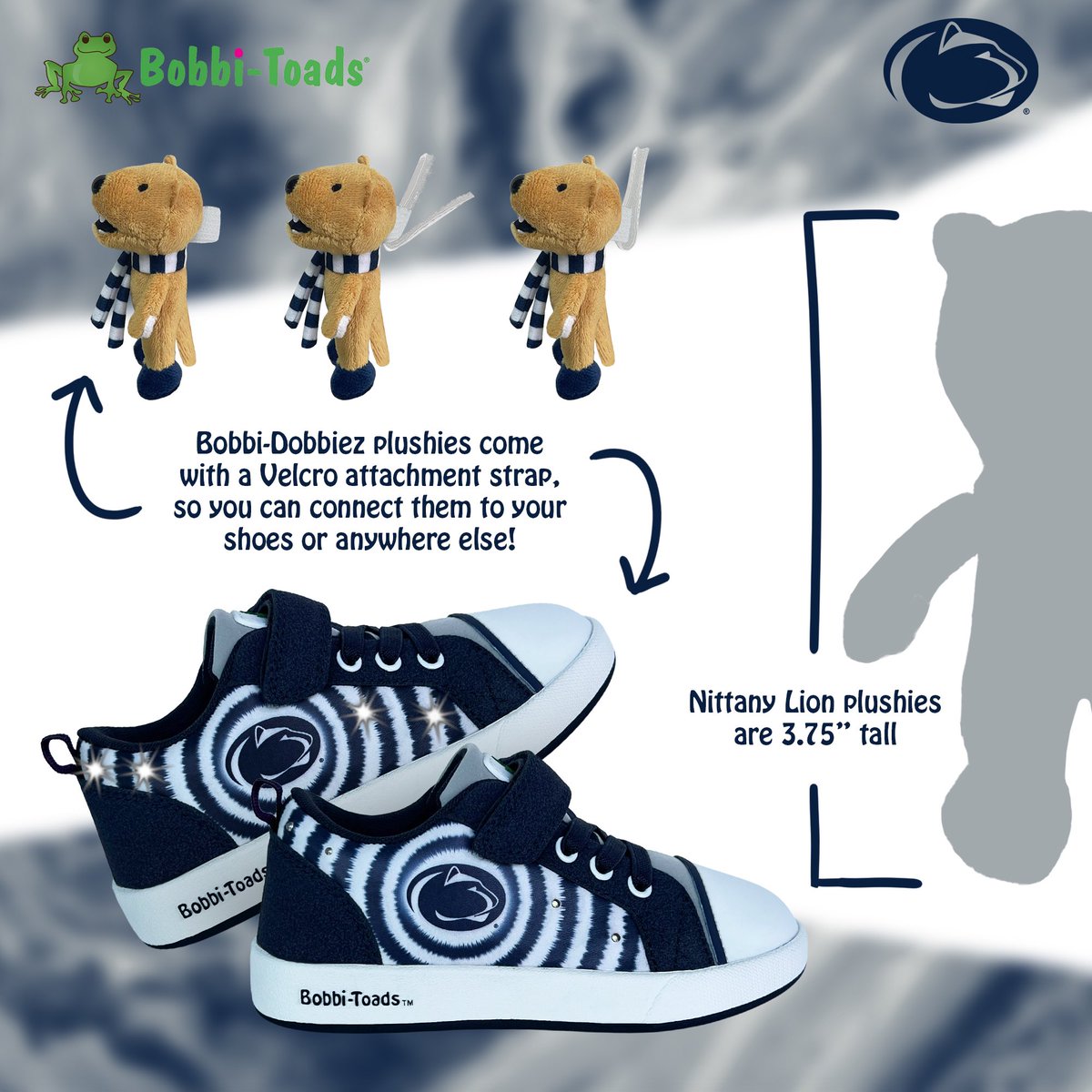 NEW PRODUCT ON AMAZON!! @penn_state kids’ light-up shoes + @NittanyLion mini plushie combo pack 🦁✨👟

Each pair comes with a Nittany Lion mascot Bobbi-Dobbiez mini plushie that can attach to the shoes or anywhere else!

Want some? Get some → amzn.to/3VUwHlY

#PennState