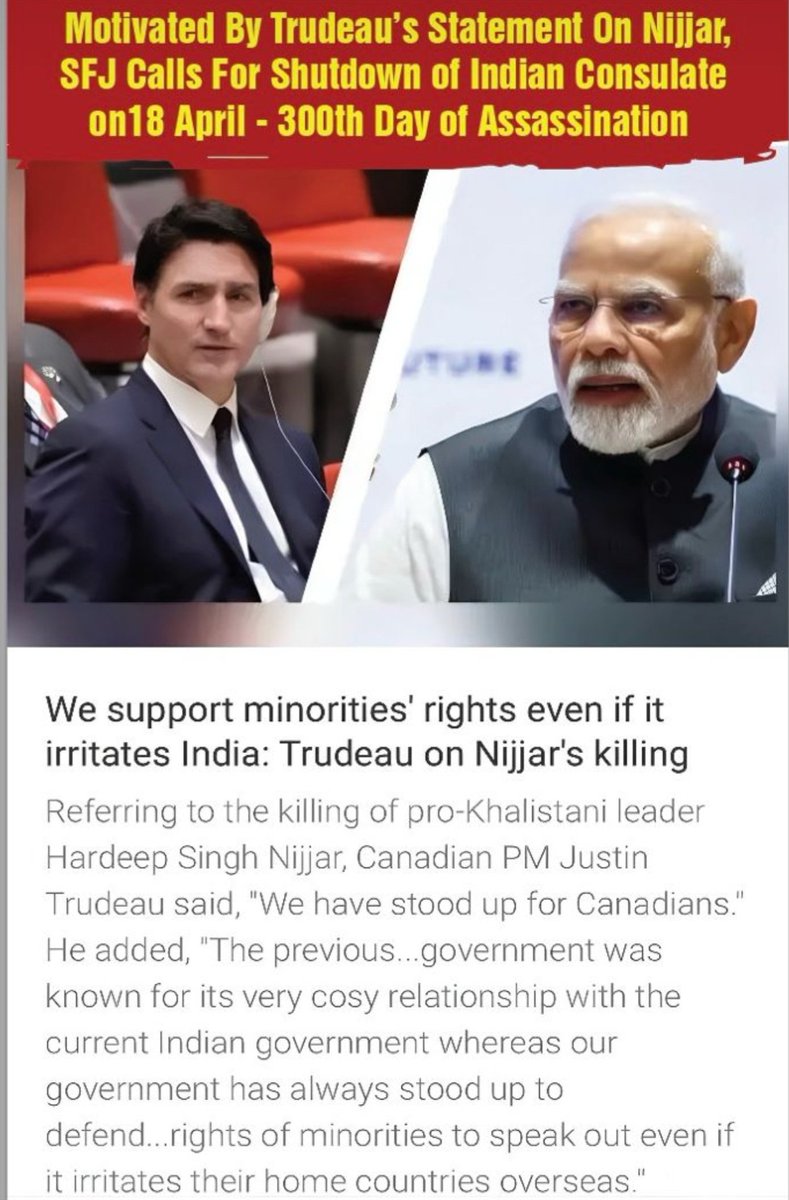 Motivated By Trudeau’s Statement On Nijjar, SFJ Calls For Shutdown of Indian Consulate on 18 April - 300th Day of Assassination

Assassination of Shaheed Nijjar 300 Day - 18 April Shut Down Indian Consulate Vancouver - 'Terror House' 1:00 PM

PM Trudeau's Statement is a direct…