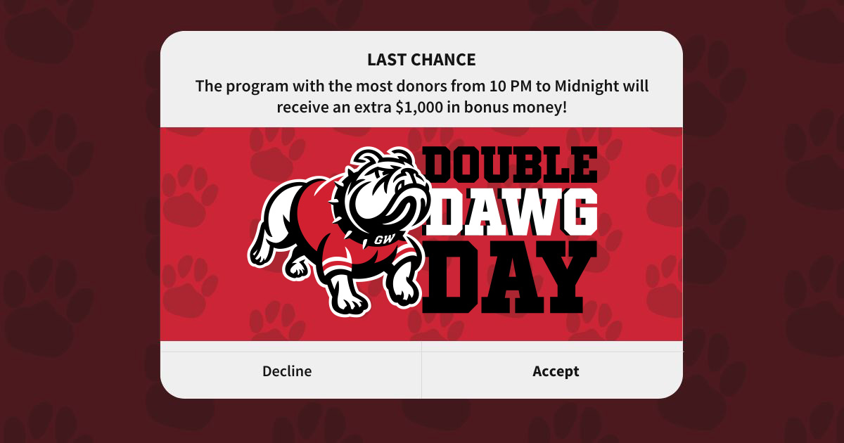 Bulldog Nation, this is the last chance challenge for #DoubleDawgDay 🗣️ The program with the most donors from 10 PM to 12 AM (midnight) will receive an extra $1,000 in bonus money! Use the giving link below👇 give.gardner-webb.edu/double-dawg-da…