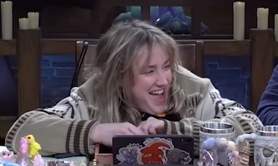 critdim's tweet image. imogen and laudna sitting next to each other is too powerful 🖤💜