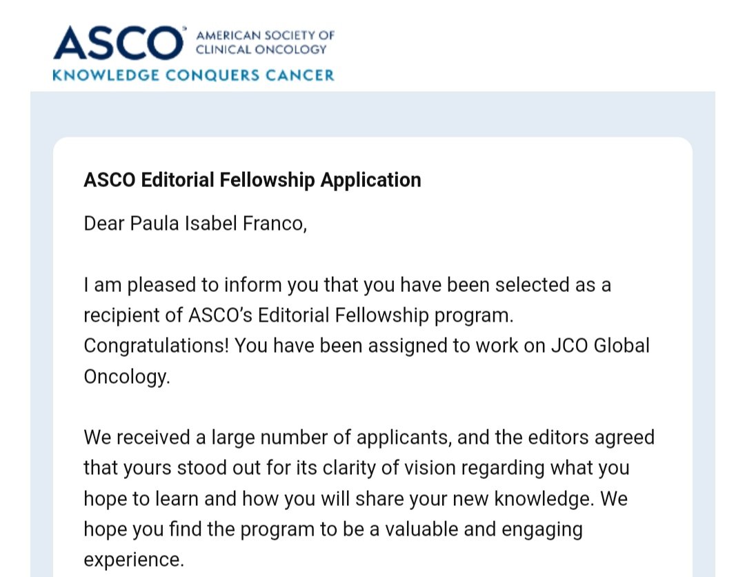 Super elated to be selected for the @ASCO Editorial Fellowship this year! and assigned to my fave journal, @JCOGO_ASCO 🏆with an amazing track record of highlighting the disparities and differences in cancer prevention, care, research and education around the world.