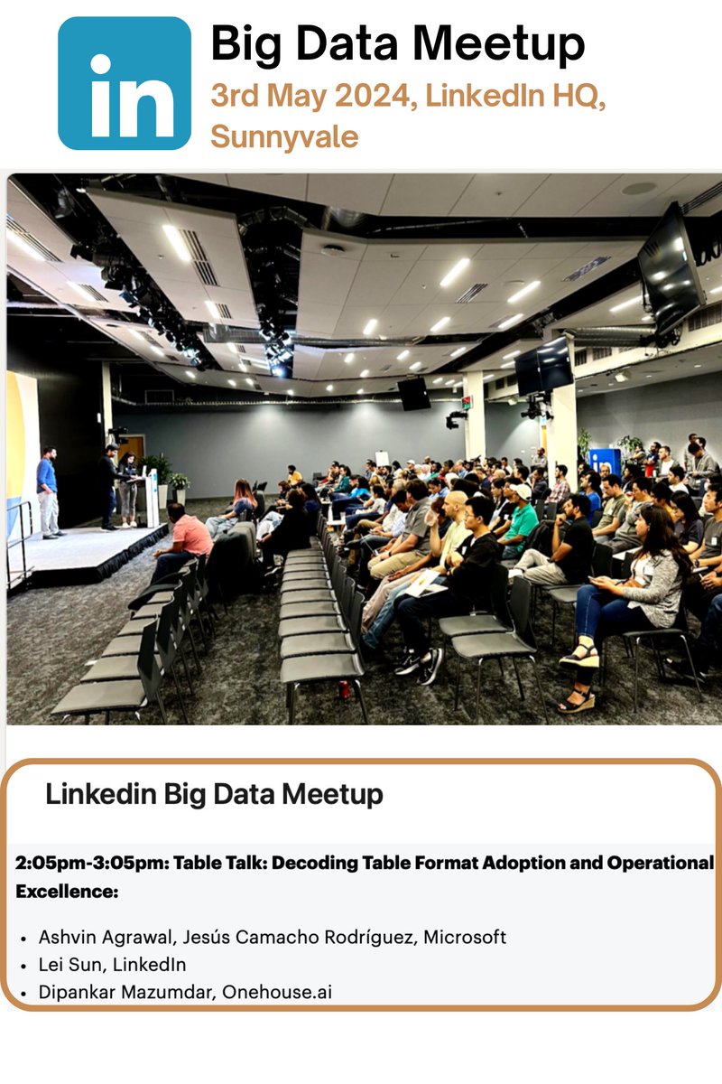 Super excited to be speaking at @LinkedIn Big Data Meetup happening on 3rd May at HQ, Sunnyvale! I will be talking about @apachextable & interoperability in open table formats such as Apache Hudi, Iceberg & Delta Lake in collab with Microsoft folks! Join us on 3rd May.