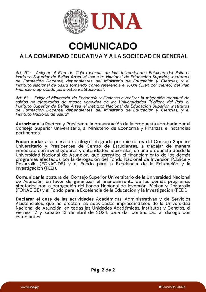 ⚠️ COMUNICADO DE LA UNIVERSIDAD NACIONAL DE ASUNCIÓN A LA COMUNIDAD EDUCATIVA Y A LA SOCIEDAD EN GENERAL #SomosDeLaUNA