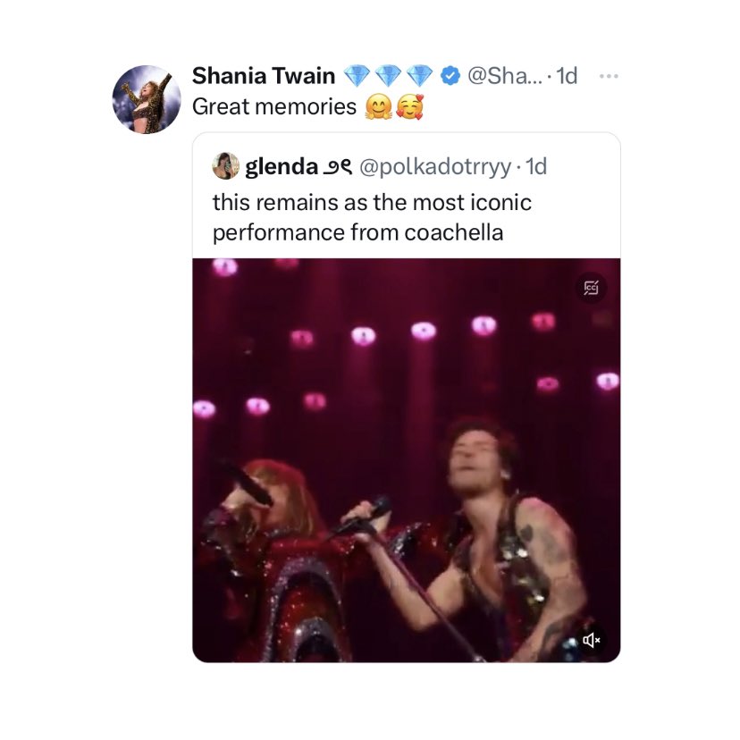 📲| @ShaniaTwain reposted a video of her performance with @Harry_Styles at Coachella. — “Great memories 🤗🥰”