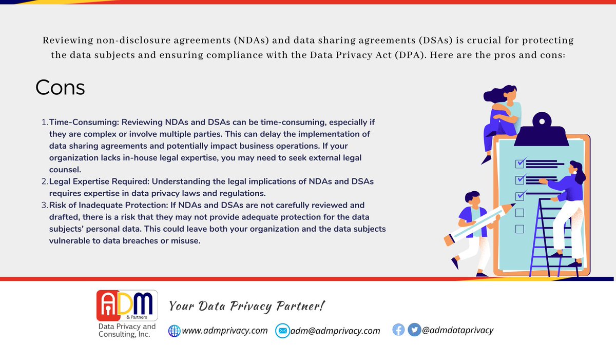 Reviewing non-disclosure agreements (NDAs) and data sharing agreements (DSAs) is crucial for protecting the data subjects and ensuring compliance with the Data Privacy Act (DPA). Here are the pros and cons:

#datasharing #agreement #pros #cons #ADM #ADMandPartners #dataprivacy