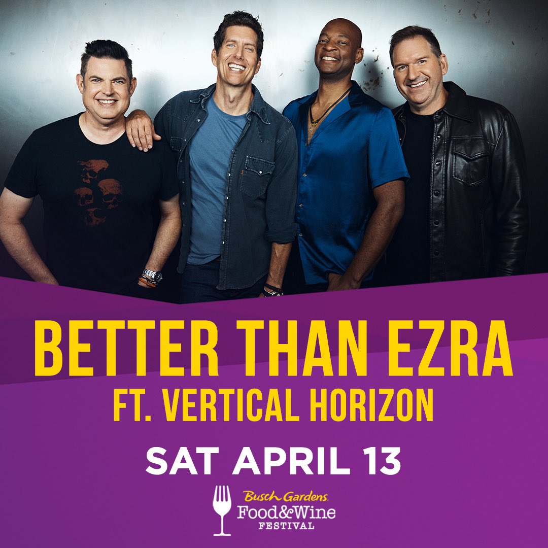 TAMPA! Come see us at @BuschGardens this Saturday! Kicking off at 6pm with Vertical Horizon, you won’t want to miss it! Head to betterthanezra.com for tickets!