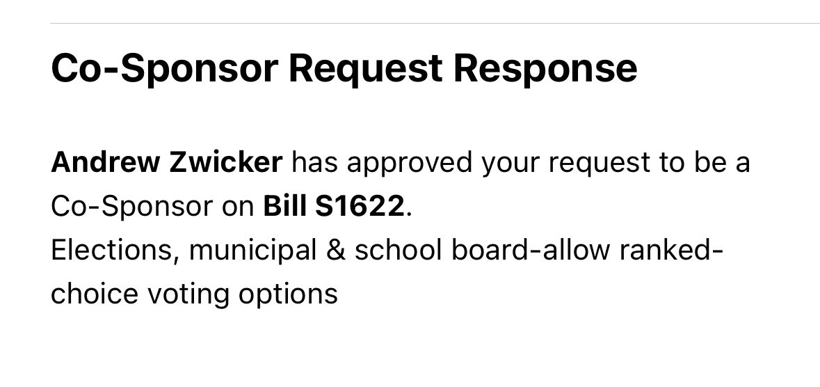 @HudsonCoView I am cosponsoring @AndrewZwicker’s ranked-choice voting bill in the Senate, and my district mate @JPA07030 is the lead sponsor in the Assembly. Let’s make our democracy more equitable by giving voters more optionality, and let’s make our elections more civil.