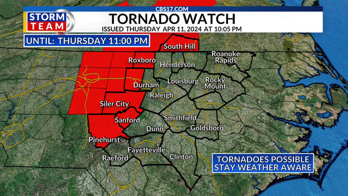 A TORNADO WATCH is now in effect for parts of central NC. Tornadoes are now possible across central NC, please stay weather aware.
