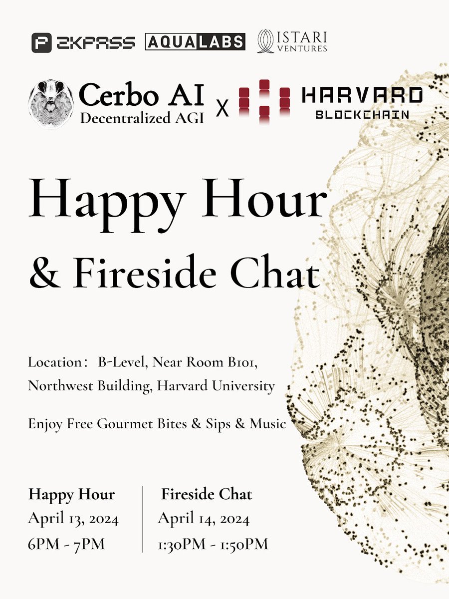 📢 Announcement! Mark your calendars for April 13th &14th! 🗓 @CerboAI X  @HBSCryptoClub Side Event at Harvard Blockchain Conference 2024. Happy Hour  April 13th, 6:00 PM-7:00 PM (EST) Fireside Chat April 14th,