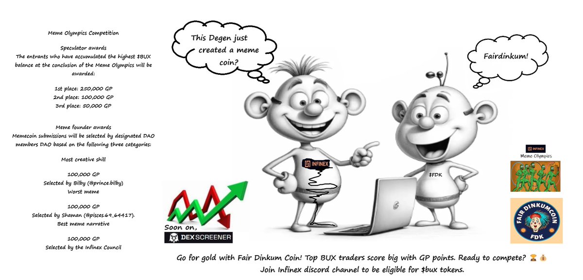 To be eligible for $BUX token &amp; enter memlympics:  

1) Follow, like &amp; retweet  

2) Join Infinex discord: discord.gg/8dVDnf9x 

3) For memlympics info, read xip-20: proposals.infinex.io/xips/xip-20 

Hurry, 1,000,000 GP to be distributed!   

#infinex #Memes #competition