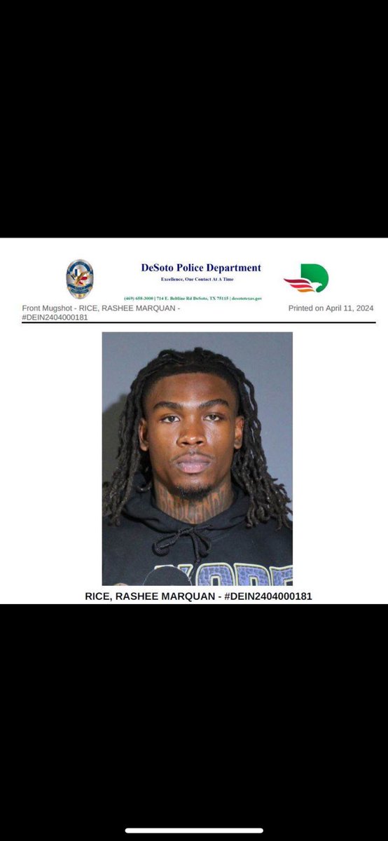 Just released mugshot of Rashee Rice after the #KansasCityChiefs player turned himself on felony charges related to a multi vehicle wreck in Dallas. One count of Aggravated Assault, one count of Collision Involving Serious Bodily Injury, six counts of Collision Involving Injury.